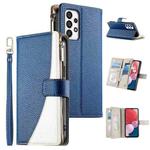 For Samsung Galaxy A73 5G Stitching Multi-card Zipper Wallet Leather Phone Case with Short Strap(Dark Blue)