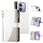 For OPPO A5x 5G / A3 4G / 5G / A3x 4G / 5G Stitching Multi-card Zipper Wallet Leather Phone Case with Short Strap(White)