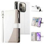 For OPPO A5 Pro 5G Global Stitching Multi-card Zipper Wallet Leather Phone Case with Short Strap(White)