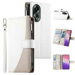 For OPPO A58 4G Global Stitching Multi-card Zipper Wallet Leather Phone Case with Short Strap(White)