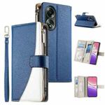 For OPPO A58 4G Global Stitching Multi-card Zipper Wallet Leather Phone Case with Short Strap(Dark Blue)