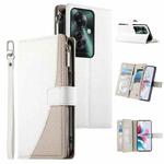 For OPPO Reno11 F / F25 Pro India Stitching Multi-card Zipper Wallet Leather Phone Case with Short Strap(White)