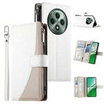 For OPPO Reno12 F 4G / 5G / F27 Stitching Multi-card Zipper Wallet Leather Phone Case with Short Strap(White)