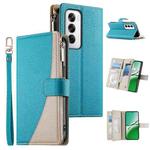 For OPPO Reno12 Global Stitching Multi-card Zipper Wallet Leather Phone Case with Short Strap(Blue)