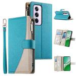 For OPPO Reno12 Pro Global Stitching Multi-card Zipper Wallet Leather Phone Case with Short Strap(Blue)