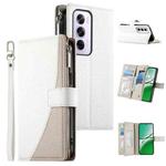For OPPO Reno12 Pro Global Stitching Multi-card Zipper Wallet Leather Phone Case with Short Strap(White)