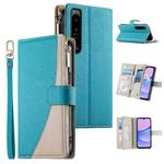 For Sony Xperia 1 IV Stitching Multi-card Zipper Wallet Leather Phone Case with Short Strap(Blue)