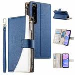 For Sony Xperia 1 IV Stitching Multi-card Zipper Wallet Leather Phone Case with Short Strap(Dark Blue)