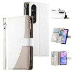 For Sony Xperia 1 VI Stitching Multi-card Zipper Wallet Leather Phone Case with Short Strap(White)