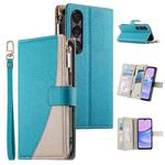 For Sony Xperia 1 VII Stitching Multi-card Zipper Wallet Leather Phone Case with Short Strap(Blue)