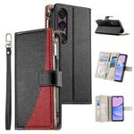 For Sony Xperia 1 VII Stitching Multi-card Zipper Wallet Leather Phone Case with Short Strap(Black)