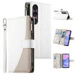 For Sony Xperia 1 VII Stitching Multi-card Zipper Wallet Leather Phone Case with Short Strap(White)