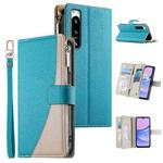 For Sony Xperia 5 IV Stitching Multi-card Zipper Wallet Leather Phone Case with Short Strap(Blue)
