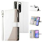 For Sony Xperia 5 IV Stitching Multi-card Zipper Wallet Leather Phone Case with Short Strap(White)
