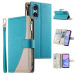 For Sony Xperia 5 V Stitching Multi-card Zipper Wallet Leather Phone Case with Short Strap(Blue)