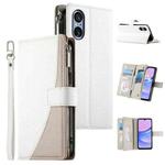For Sony Xperia 5 V Stitching Multi-card Zipper Wallet Leather Phone Case with Short Strap(White)