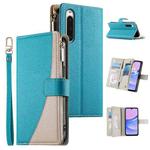 For Sony Xperia 10 V Stitching Multi-card Zipper Wallet Leather Phone Case with Short Strap(Blue)