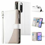 For Sony Xperia 10 V Stitching Multi-card Zipper Wallet Leather Phone Case with Short Strap(White)