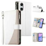 For Sony Xperia 10 VI Stitching Multi-card Zipper Wallet Leather Phone Case with Short Strap(White)
