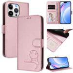 For iPhone 16 Pro Max Litter Panda Embossing RFID Leather Phone Case with Lanyard(Pink)