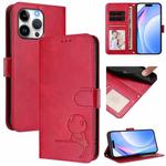 For iPhone 16 Pro Max Litter Panda Embossing RFID Leather Phone Case with Lanyard(Rose Red)