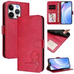 For iPhone 16 Pro Litter Panda Embossing RFID Leather Phone Case with Lanyard(Rose Red)