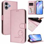 For iPhone 16 Plus Litter Panda Embossing RFID Leather Phone Case with Lanyard(Pink)