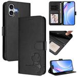 For iPhone 16 Plus Litter Panda Embossing RFID Leather Phone Case with Lanyard(Black)