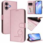 For iPhone 16 Litter Panda Embossing RFID Leather Phone Case with Lanyard(Pink)