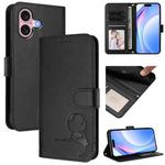 For iPhone 16 Litter Panda Embossing RFID Leather Phone Case with Lanyard(Black)