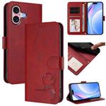 For iPhone 16 Litter Panda Embossing RFID Leather Phone Case with Lanyard(Wine Red)