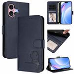 For iPhone 16 Litter Panda Embossing RFID Leather Phone Case with Lanyard(Blue)