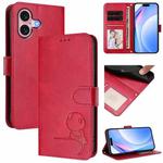 For iPhone 16 Litter Panda Embossing RFID Leather Phone Case with Lanyard(Rose Red)