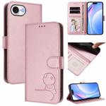 For iPhone 16e Litter Panda Embossing RFID Leather Phone Case with Lanyard(Pink)