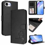 For iPhone 16e Litter Panda Embossing RFID Leather Phone Case with Lanyard(Black)