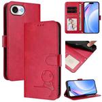 For iPhone 16e Litter Panda Embossing RFID Leather Phone Case with Lanyard(Rose Red)