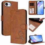 For iPhone 16e Litter Panda Embossing RFID Leather Phone Case with Lanyard(Brown)