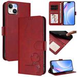 For iPhone 14 Plus Litter Panda Embossing RFID Leather Phone Case with Lanyard(Wine Red)