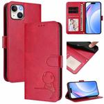 For iPhone 14 Plus Litter Panda Embossing RFID Leather Phone Case with Lanyard(Rose Red)