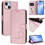 For iPhone 14 / 13 Litter Panda Embossing RFID Leather Phone Case with Lanyard(Pink)