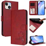 For iPhone 14 / 13 Litter Panda Embossing RFID Leather Phone Case with Lanyard(Wine Red)