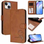 For iPhone 14 / 13 Litter Panda Embossing RFID Leather Phone Case with Lanyard(Brown)