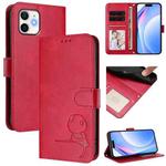 For iPhone 12 / 12 Pro Litter Panda Embossing RFID Leather Phone Case with Lanyard(Rose Red)