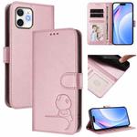 For iPhone 11 Litter Panda Embossing RFID Leather Phone Case with Lanyard(Pink)