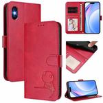 For iPhone X / XS Litter Panda Embossing RFID Leather Phone Case with Lanyard(Rose Red)