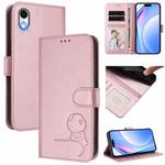 For iPhone XR Litter Panda Embossing RFID Leather Phone Case with Lanyard(Pink)