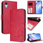 For iPhone XR Litter Panda Embossing RFID Leather Phone Case with Lanyard(Rose Red)