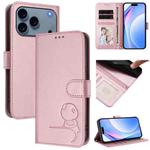 For iPhone 17 Pro Max Litter Panda Embossing RFID Leather Phone Case with Lanyard(Pink)