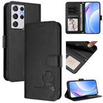 For Samsung Galaxy S21 Ultra 5G Litter Panda Embossing RFID Leather Phone Case with Lanyard(Black)