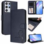 For Samsung Galaxy S21 Ultra 5G Litter Panda Embossing RFID Leather Phone Case with Lanyard(Blue)